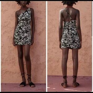 NWT Zara Dress Women's Size Small Black & Cream Asymmetric One Shoulder Floral